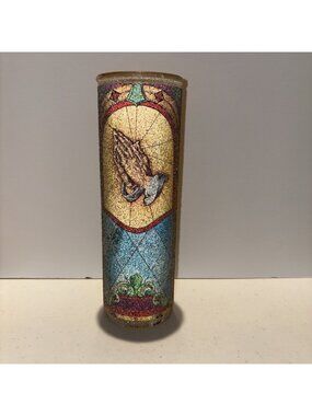 Vintage “Sugar” Frosted Candle Prayer Hands Scene Stained Glass Decor